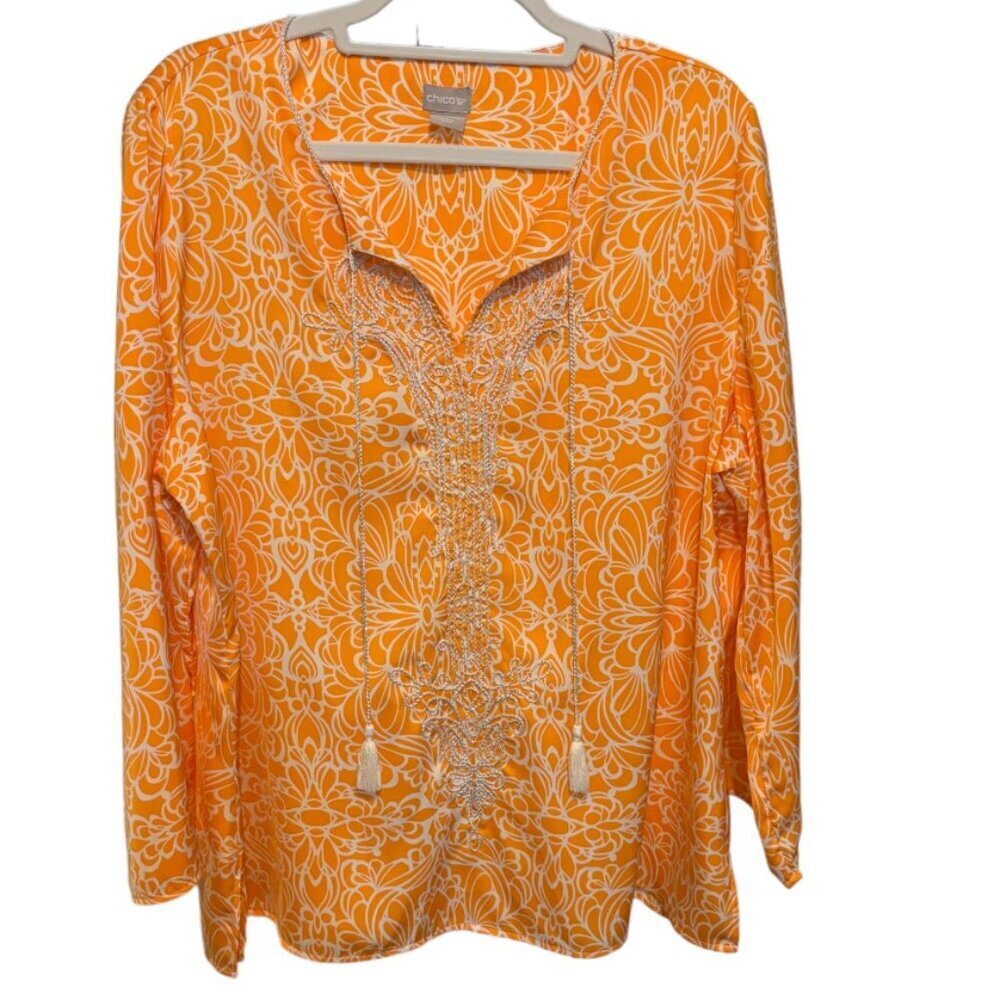 Chico's Tassel Tie Beaded Blouse Orange Coral White